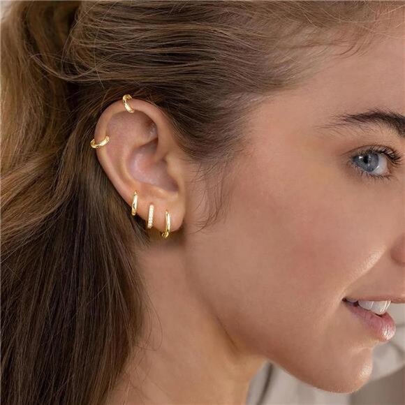 Small Gold Huggie Hoop Earrings Set for Women Men Hypoallergenic 14K Plated - Picture 5 of 7